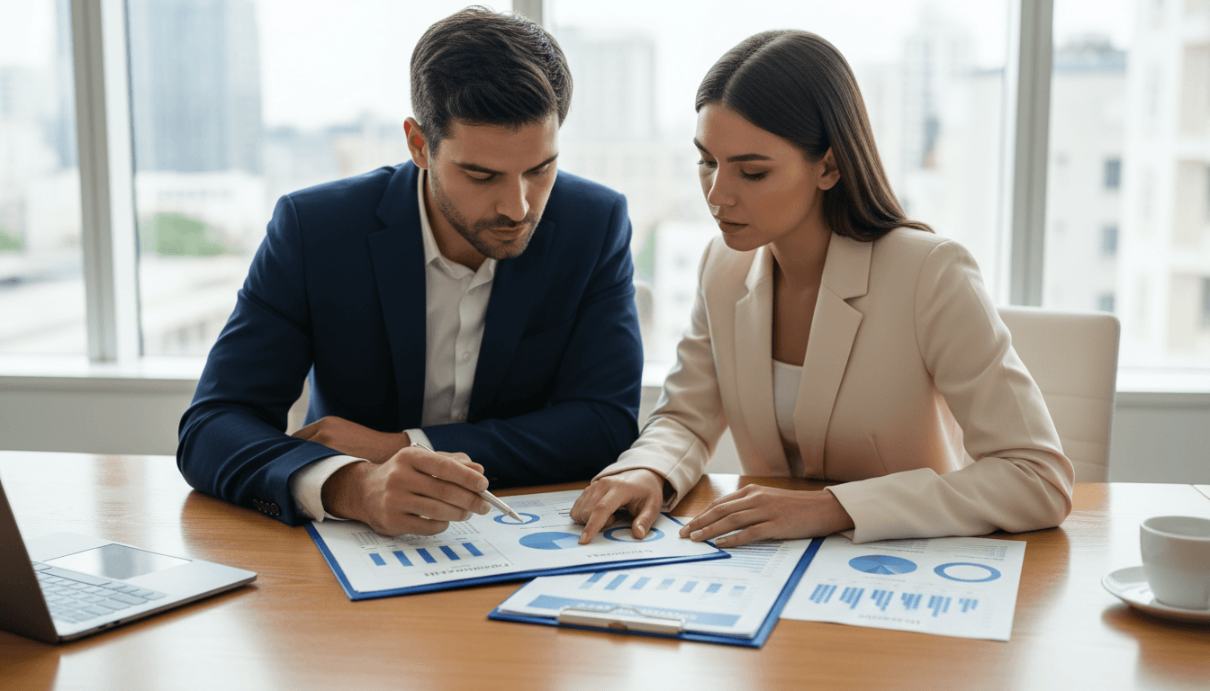 Financial advisor and client reviewing printed documents together at a table