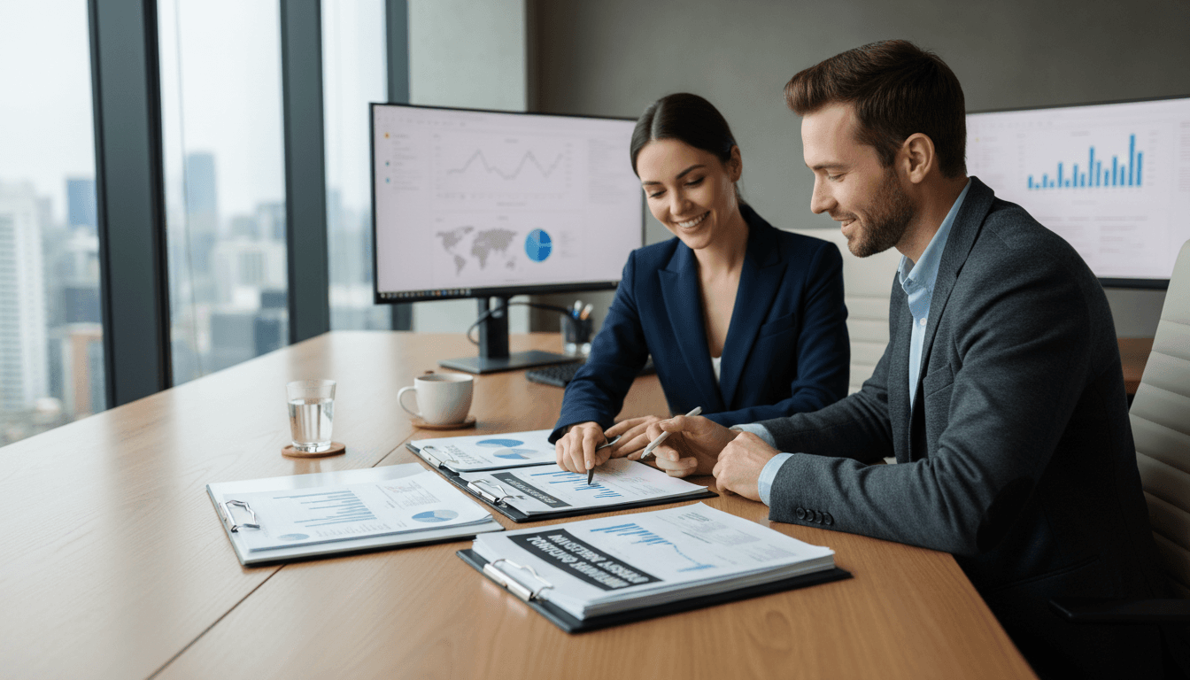 Professional financial discussion at a modern desk