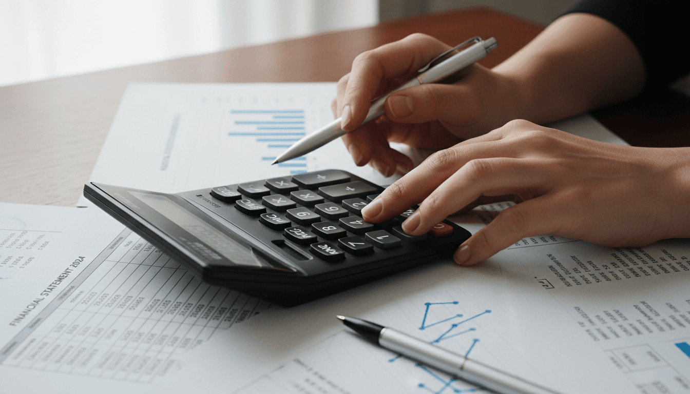 Hands working with a calculator and financial documents