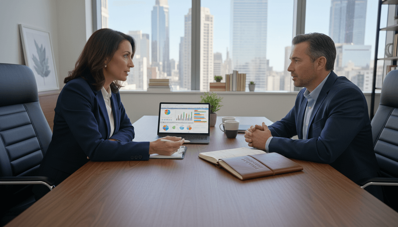 Financial advisor listening to a client during a consultation at a tidy desk