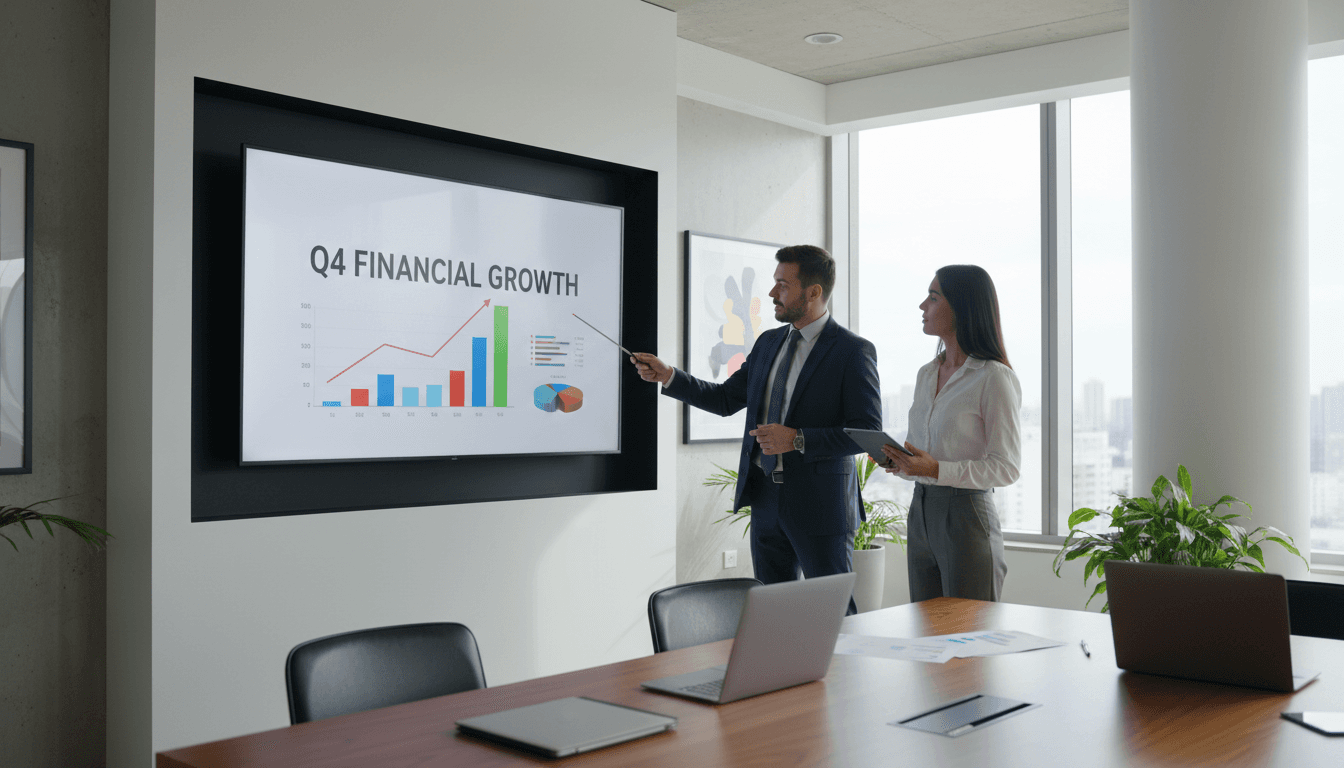 Professional pointing at a chart on a screen while a client looks on